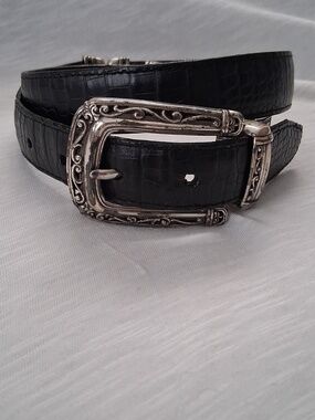 Brighton Black Leather Belt with Ornate Silver Buckle